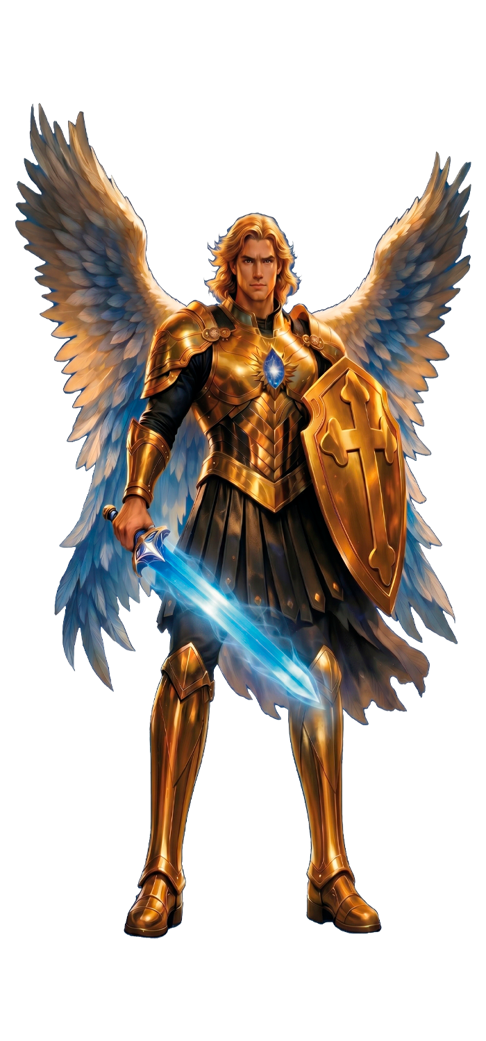 Arcanjo Miguel dourado com asas abertas e armadura