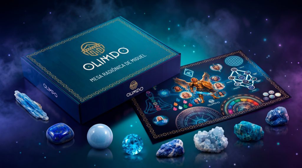 Curso de Mesa Radiônica de Miguel — Kit físico com mesa, pêndulo e cristais do Raio Azul
